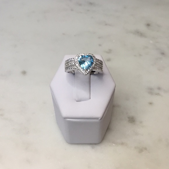 .925 Sterling Silver Aquamarine CZ Heart Ring - Picture 7 of 16